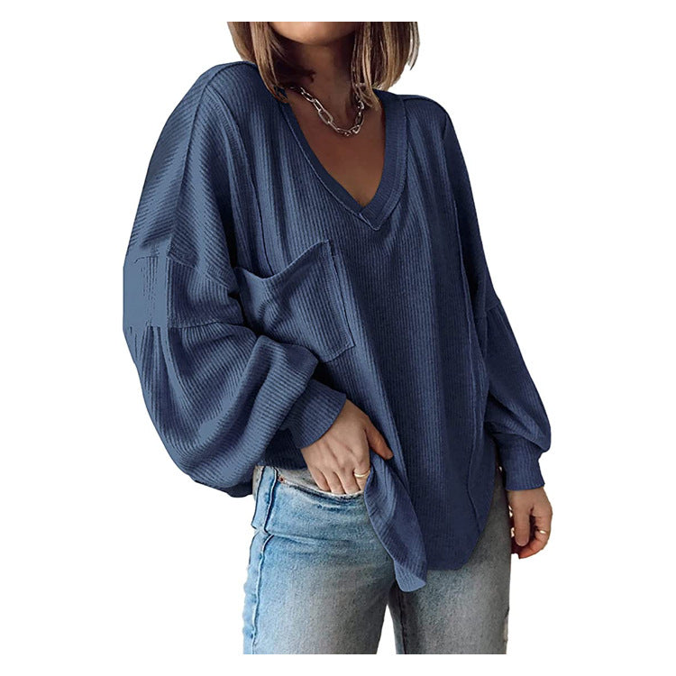 Casual V-neck Pocket Lantern Sleeve Loose Knitted Pullover Shirt Women