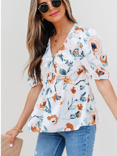 Green Floral Print Puff Sleeve V Neck Babydoll Blouse