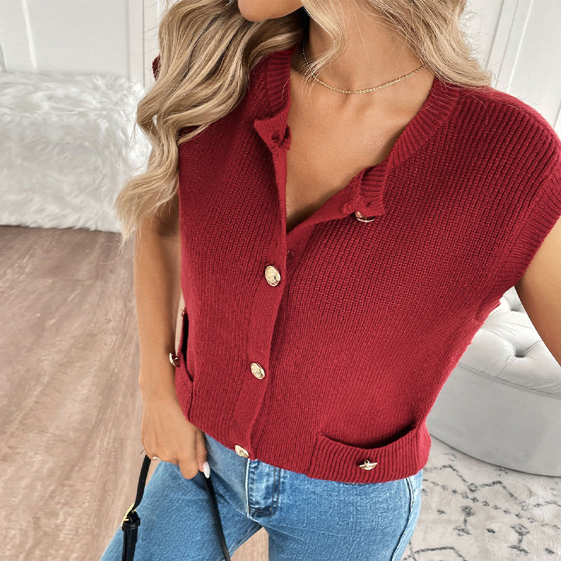 Knitted Round Neck Sleeveless Red Sweater