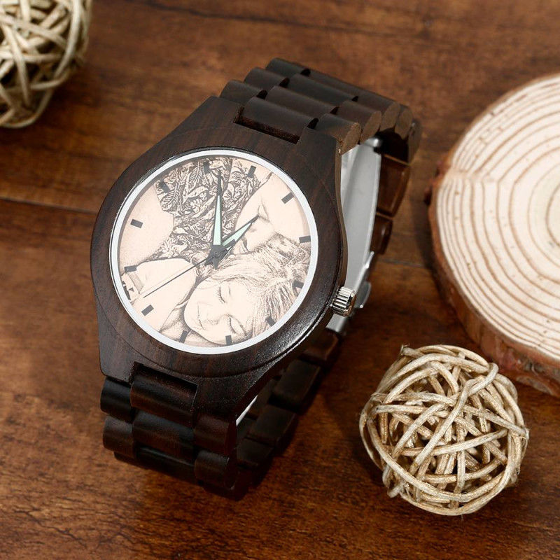 Men's Engraved Wooden Photo Watch Wooden Strap 45mm