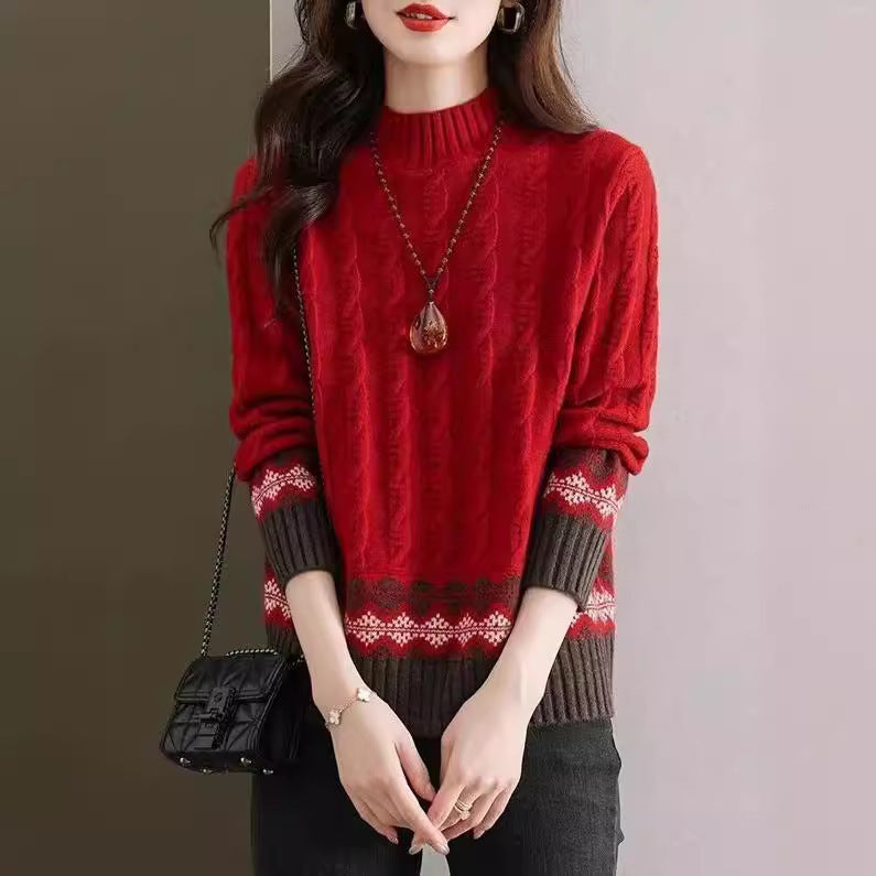 Women's Sweater Autumn And Winter New Half Turtleneck Twist Color Matching Shirt