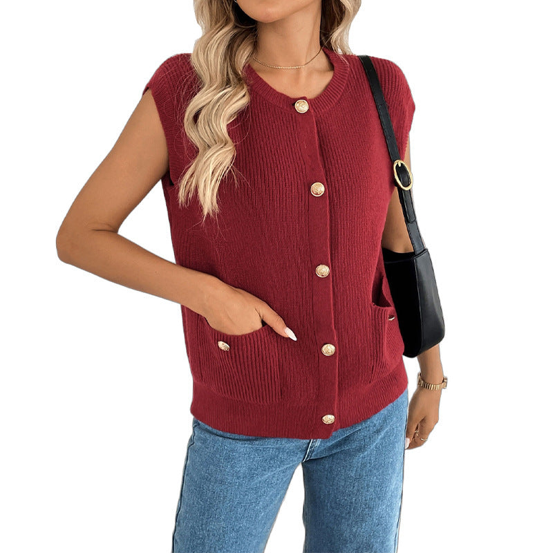 Knitted Round Neck Sleeveless Red Sweater