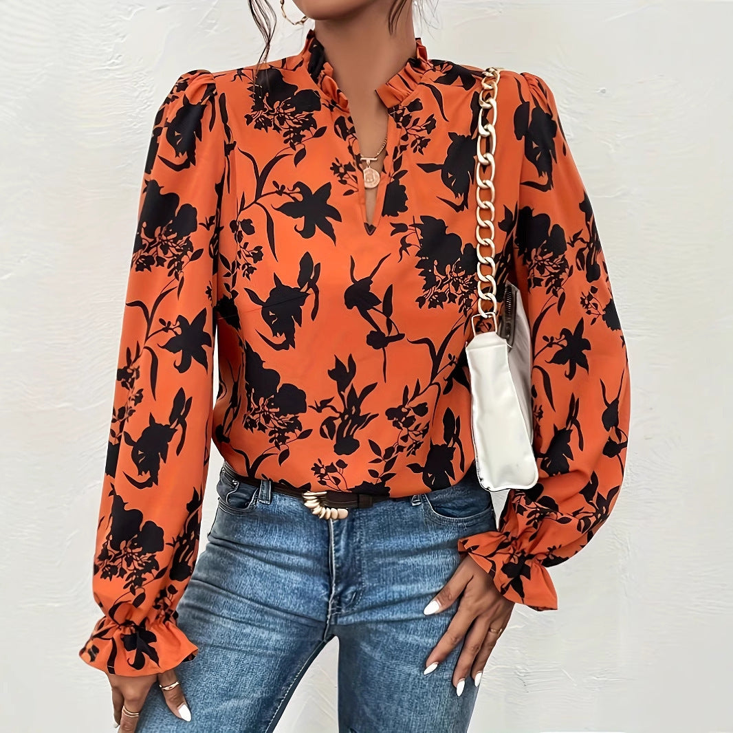 French Floral Print Ruffle Sleeve Collar Shirt