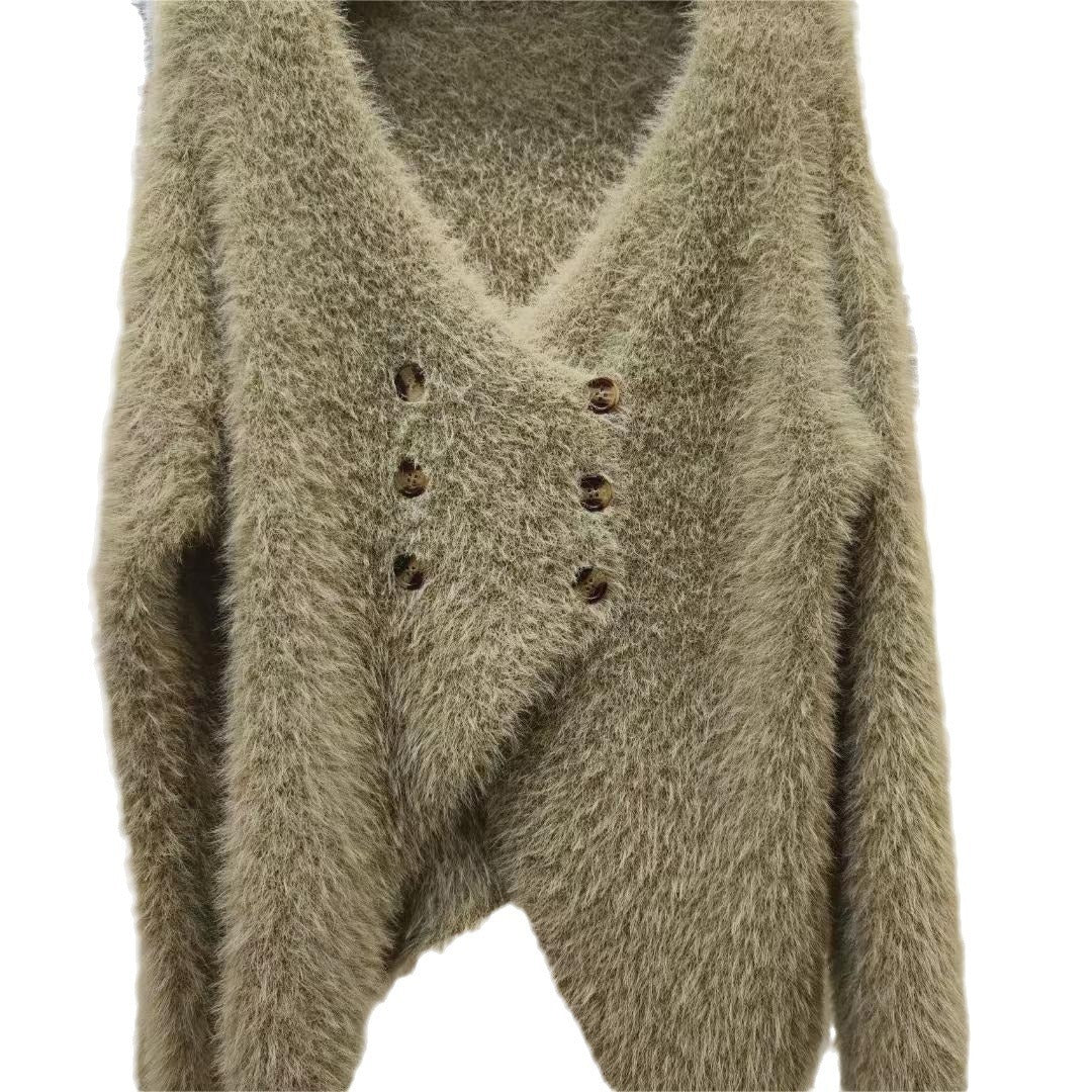 Mink Fur V-neck Irregular Sweater Cardigan For Women