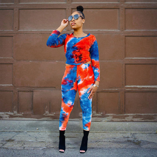 Printed Top And Pants Sunken Stripe Two-piece Set