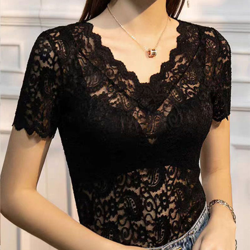 V-neck Hollow Sexy Lace Bottoming Shirt Innerwear Short Sleeve