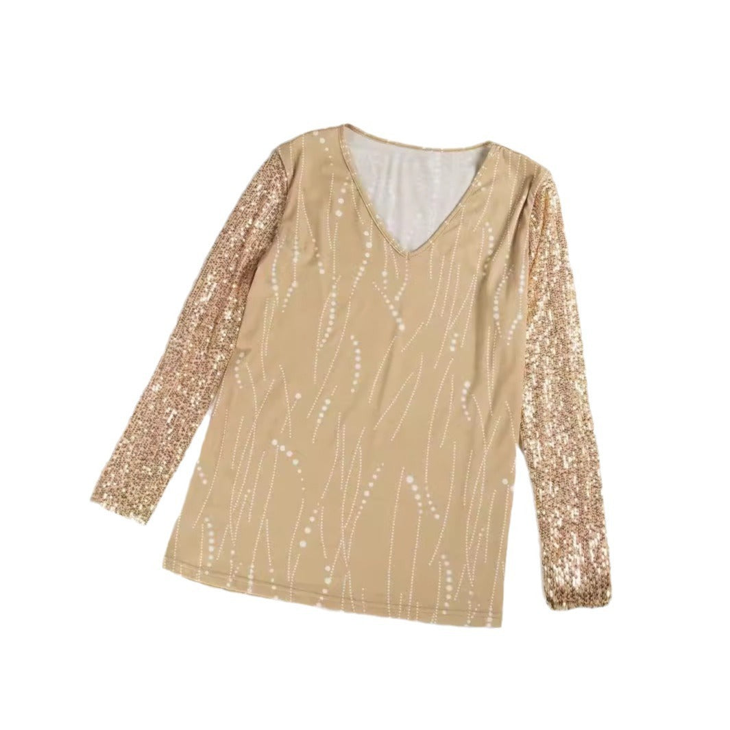 Milk Silk V-neck Sequins Long Sleeve Pullover Top Women