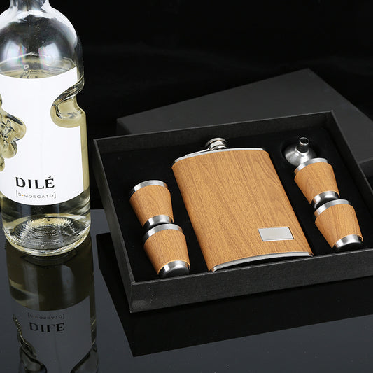 Stainless steel wood grain hip flask set