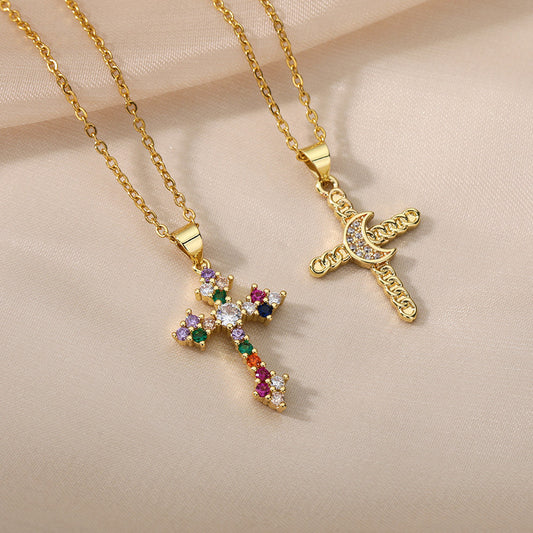 European And American Popular Color Zirconium Cross Pendant Necklace