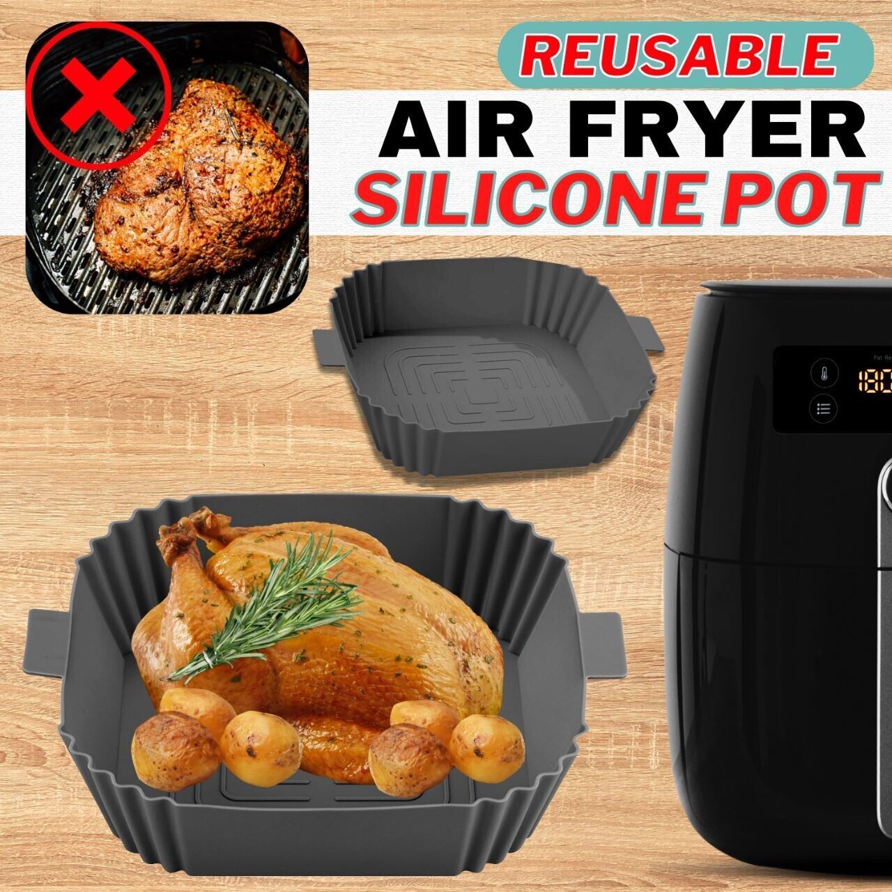 Silicone Air Fryer Tray Basket Liners Non-Stick Safe Oven Baking Tray Pot