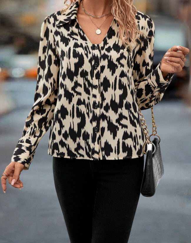 Women's Long-sleeved Printed Leopard Print Loose Chiffon Shirt