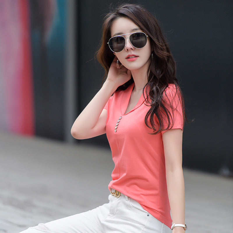 Slim-fit Split Solid Color And V-neck Button Short Sleeve