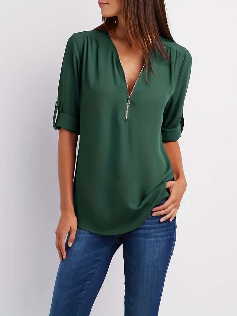 Simple V-neck Shirt, Casual Pleated Half-zip Shirt With Rolled-up Sleeves