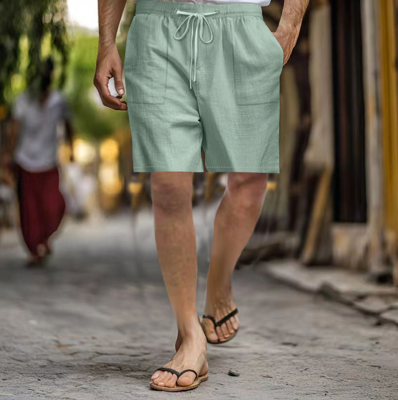 Men's Cotton Linen Multi-pocket Drawstring Leisure Beach Shorts