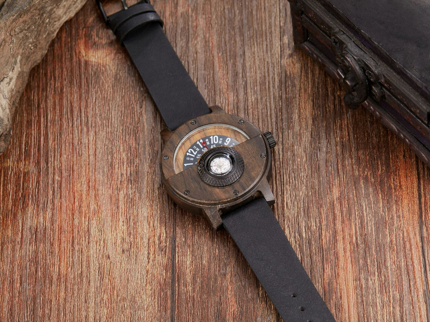 Multifunctional compass wooden watch