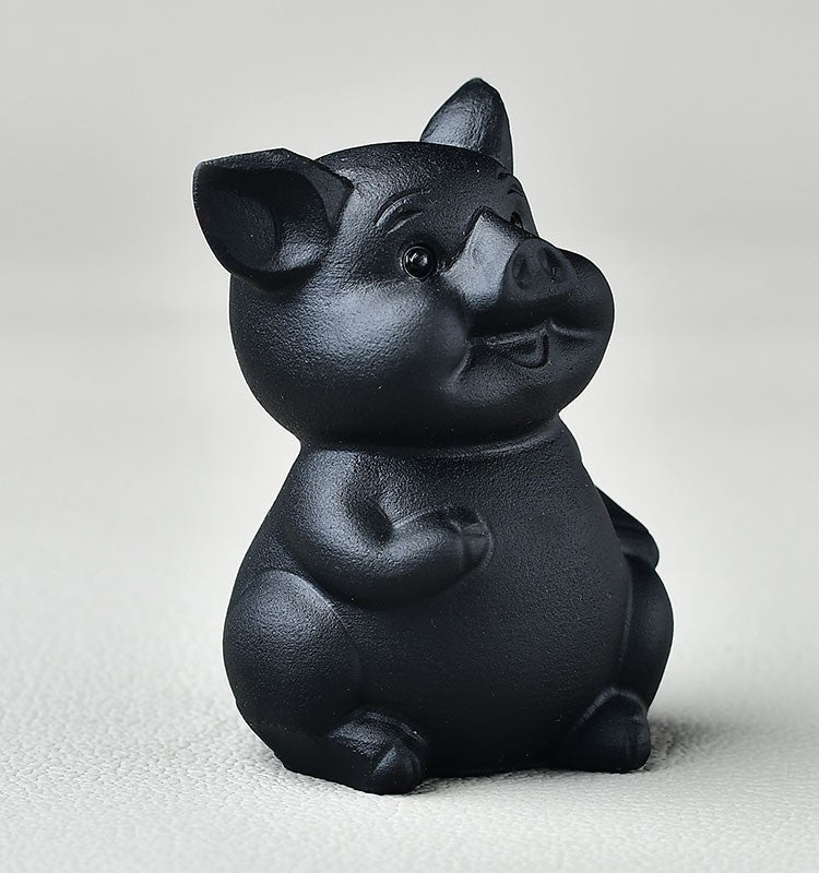 Natural Obsidian Pig Ornaments Original Stone Carving Frosted