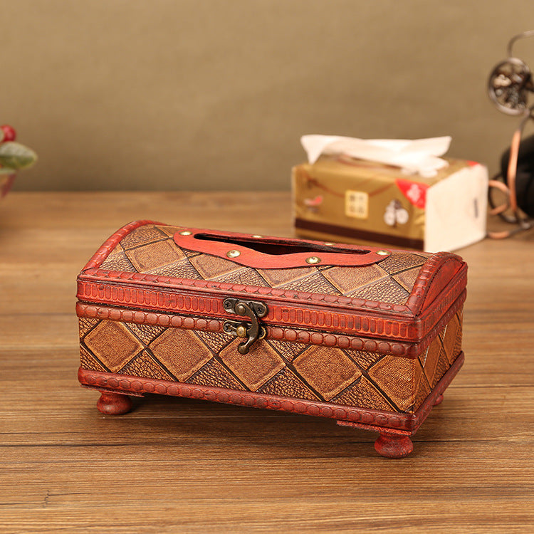 European Retro Handicraft Paper Drawer Wooden Creative Leather Lunch Box