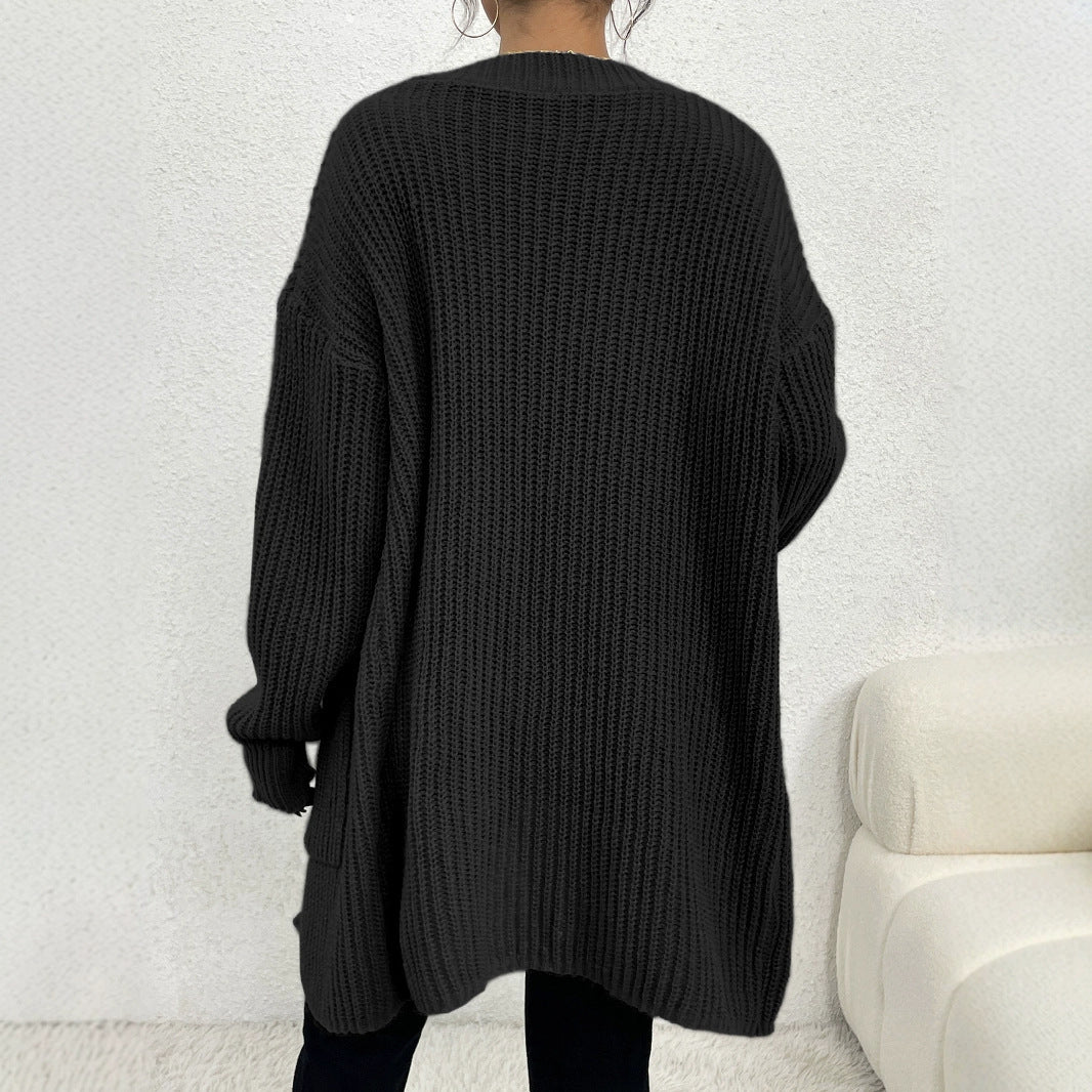 Long Sleeve Pocket Cardigan Coat Fashion Simple Knitwear