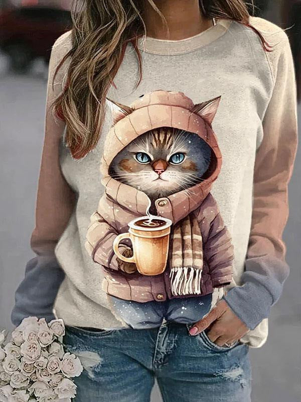 Printed Cute Round Neck Pullover Long Sleeve