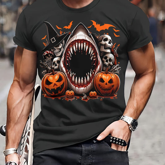 Men's Casual Polyester Round Neck T-shirt With 3D Shark And Halloween Pumpkin Patterns, Fitted Knit Fabric, Slightly Elastic