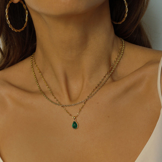 Cross-border Malachite Necklace Titanium Steel Water Drop Pendant Zircon Natural Stone Clavicle Chain Gold Plated Color Ornament