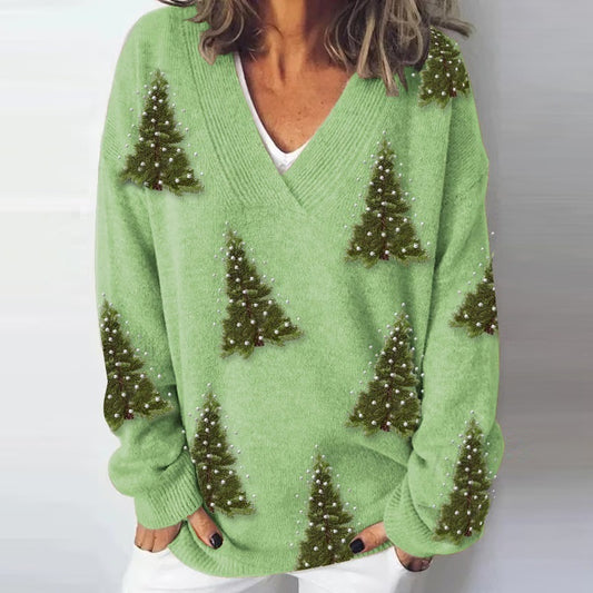 European And American Christmas Series V-neck Printed Sweater