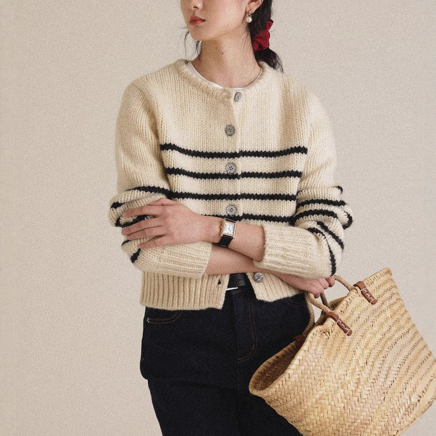 Striped Knitted Cardigan Sweater Short Coat