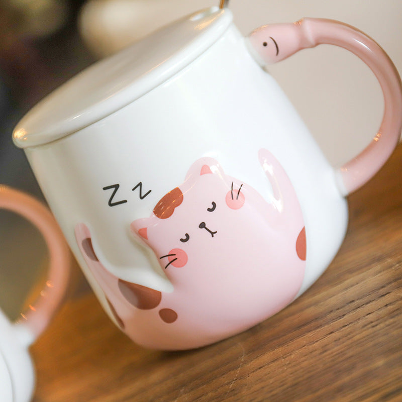 Cartoon Cat With Lid Spoon Ceramic Cup Female Cute Office