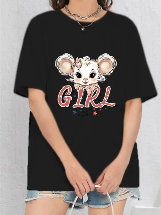 GIRL & Cartoon Mouse Graphic Print Tee, Teenage Girls' Stylish & Comfy Crew Neck Short Sleeve T-shirt For Spring & Summer, Teenage Girls' Clothes For Everyday Life