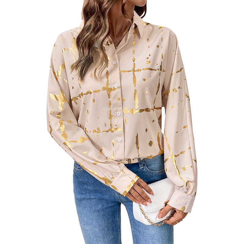 Women's Long-sleeved Lapel Geometric Pattern Bronzing Shirt