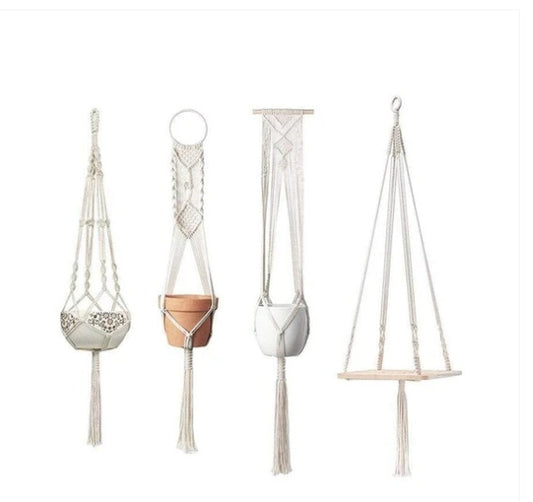 4 Pack - Macrame Plant Hangers & Shelf