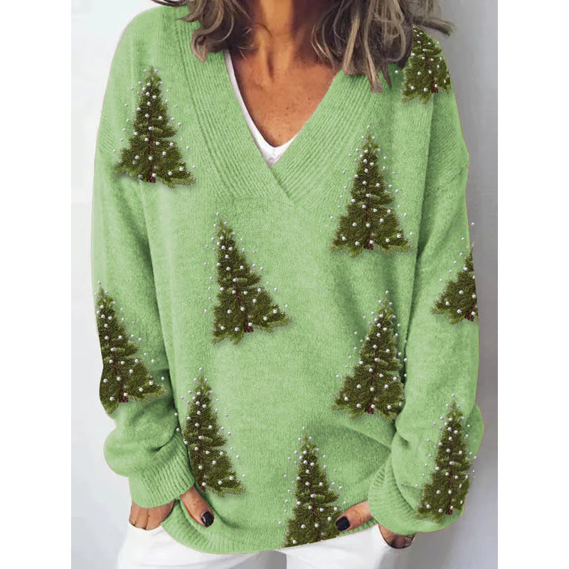 European And American Christmas Series V-neck Printed Sweater