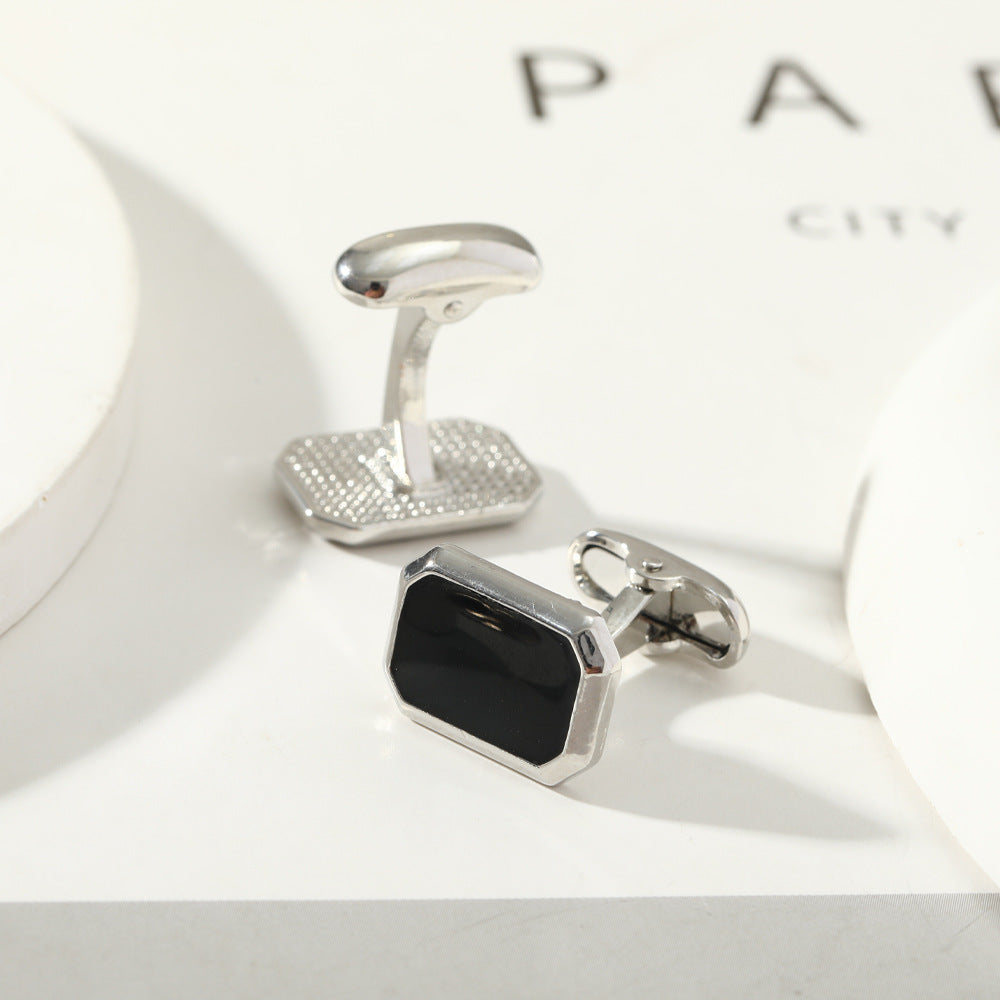 European And American Round Geometric Black Gemstone Cufflinks