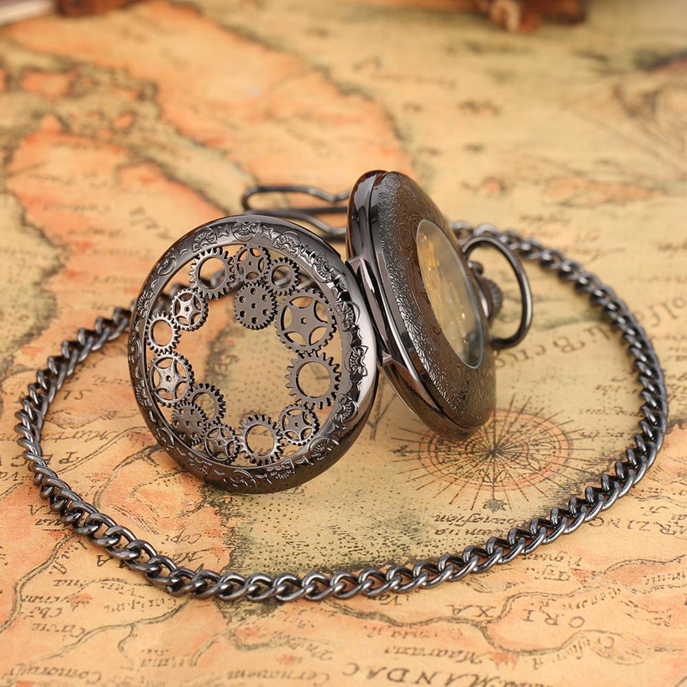 Classic Black Chain Hollow Gear Manual Mechanical Pocket Watch