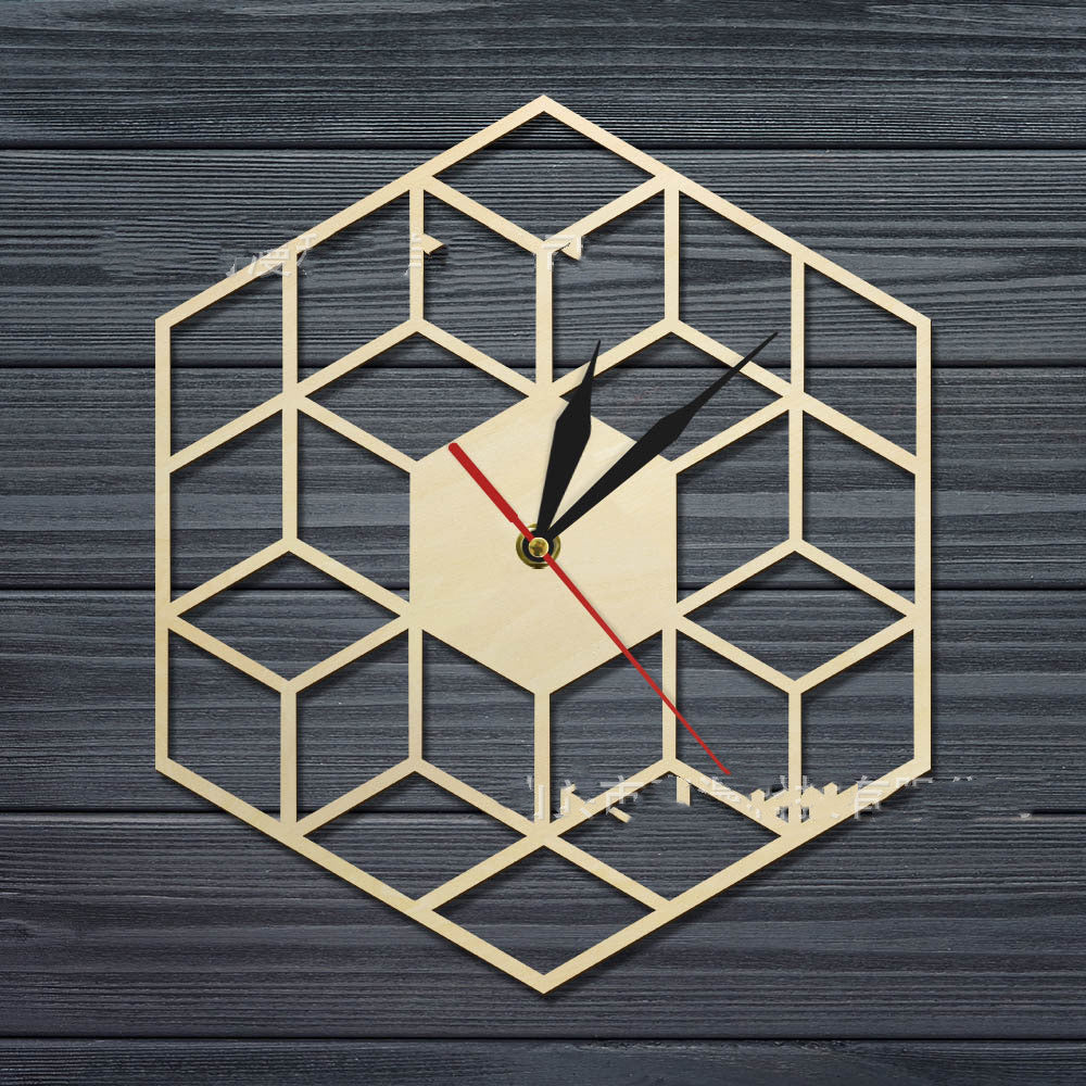 Cube Hexagon Wooden Wall Clock Silent Country Wooden Clock