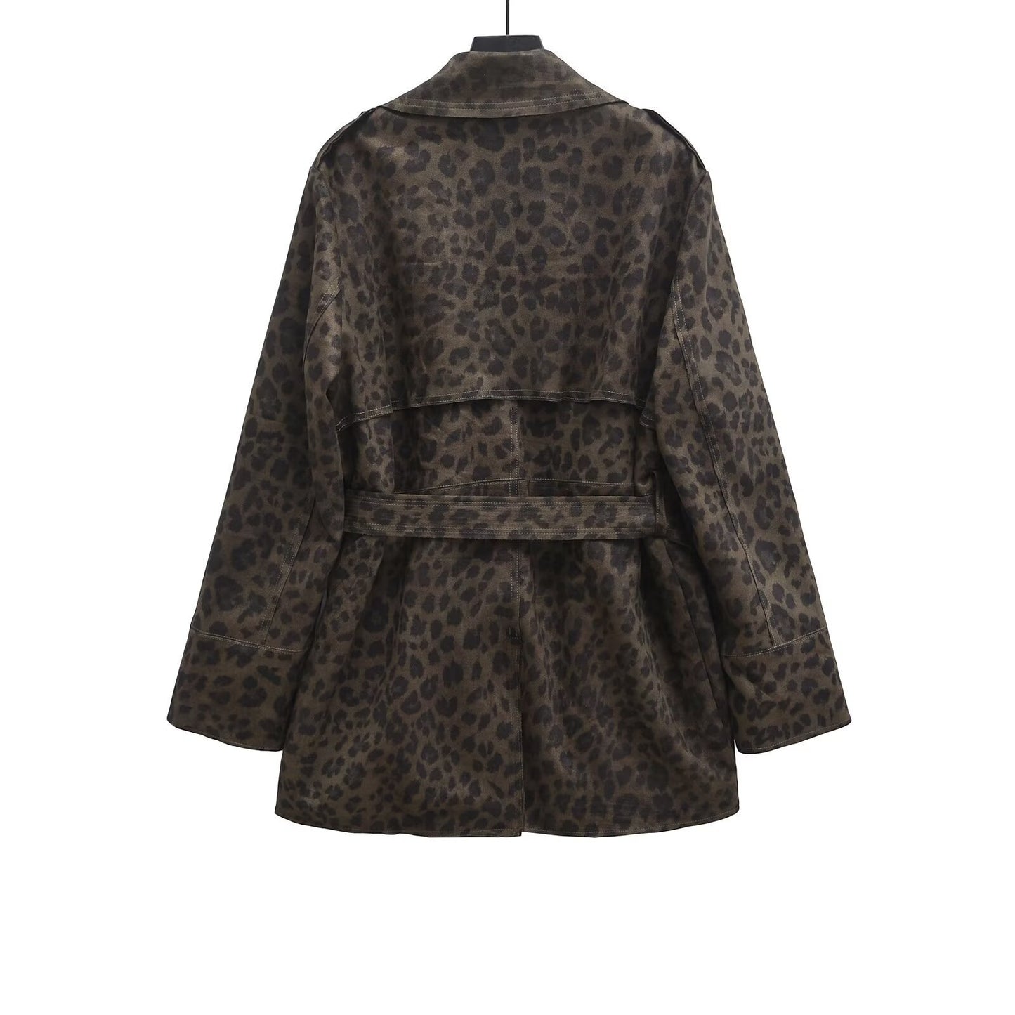 Women's Leopard Print Lapel Closing Belt Long Sleeve Coat