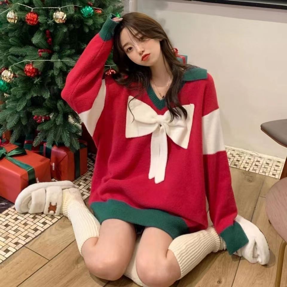 Fashion Christmas Red Bow Sweater For Women