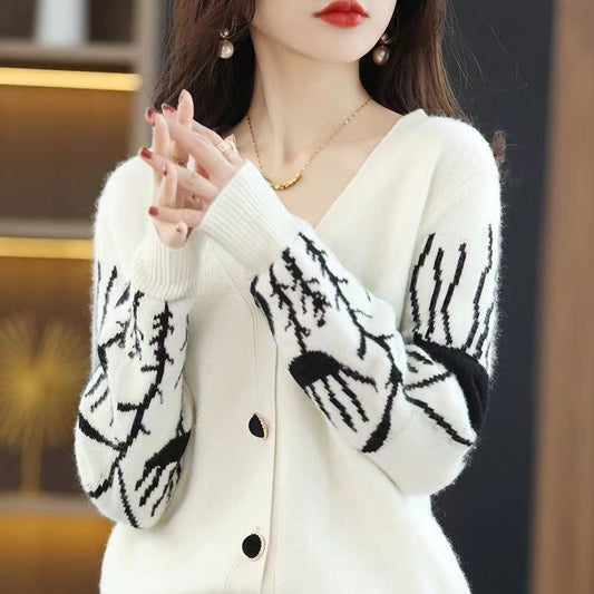 Mori Style V-neck Cardigan Black And White Color Matching Sweater Top