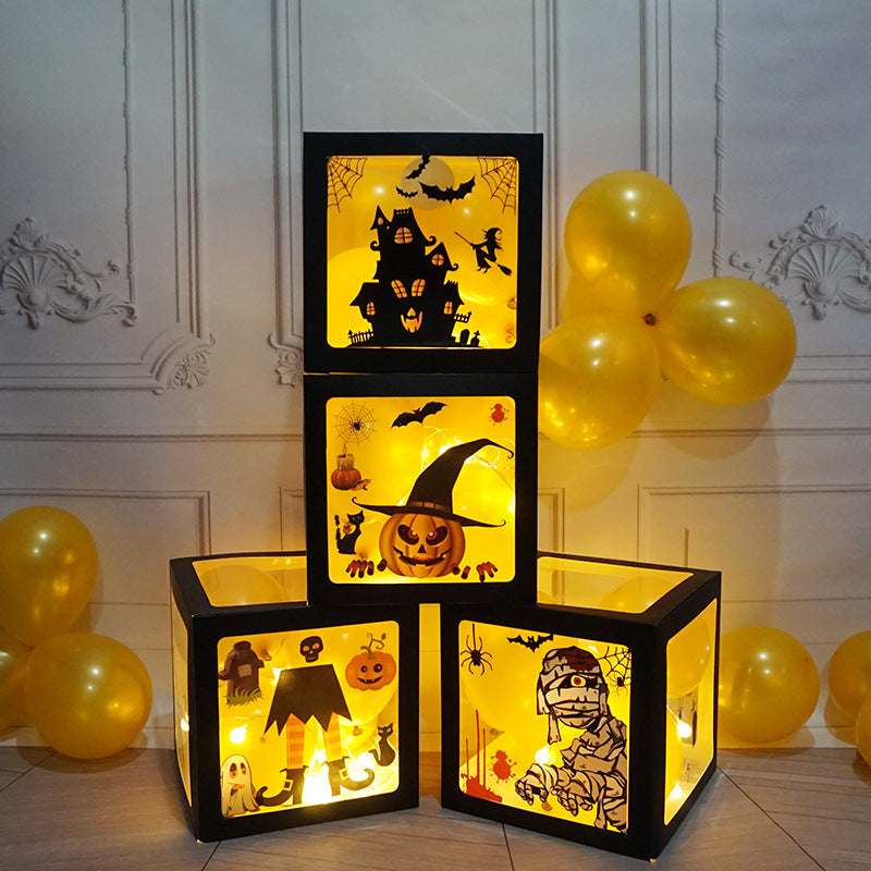 Halloween Balloon Boxes Black Transparent Box Block With Ghost Pumpkin Horror Sticker Gift For Halloween Party Decor Supply