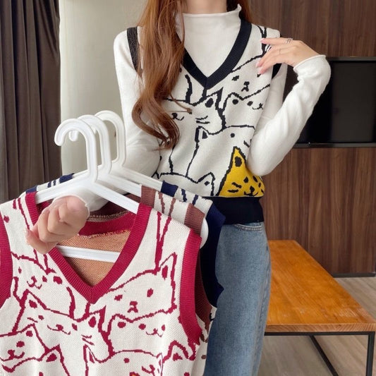 Women's Simple V-neck Fashion Cat Vest