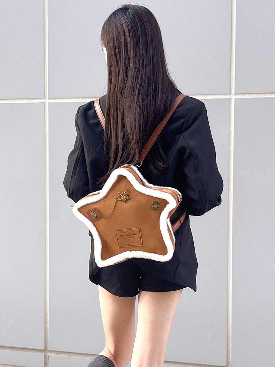 Suede Badge Five-pointed Star Backpack Vintage Furry Shoulder Bag