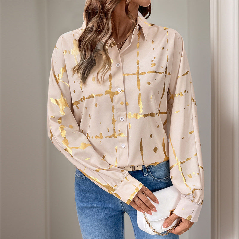 Women's Long-sleeved Lapel Geometric Pattern Bronzing Shirt