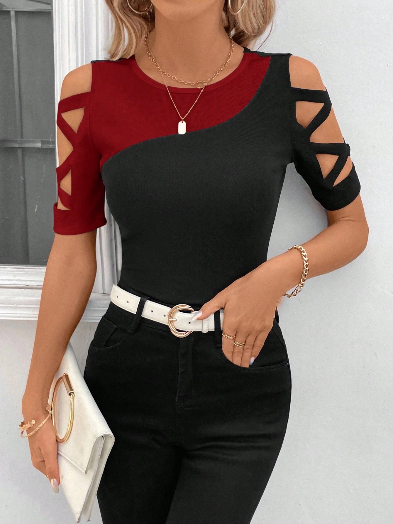 Color Matching Cross Off-the-shoulder Slim Top For Women