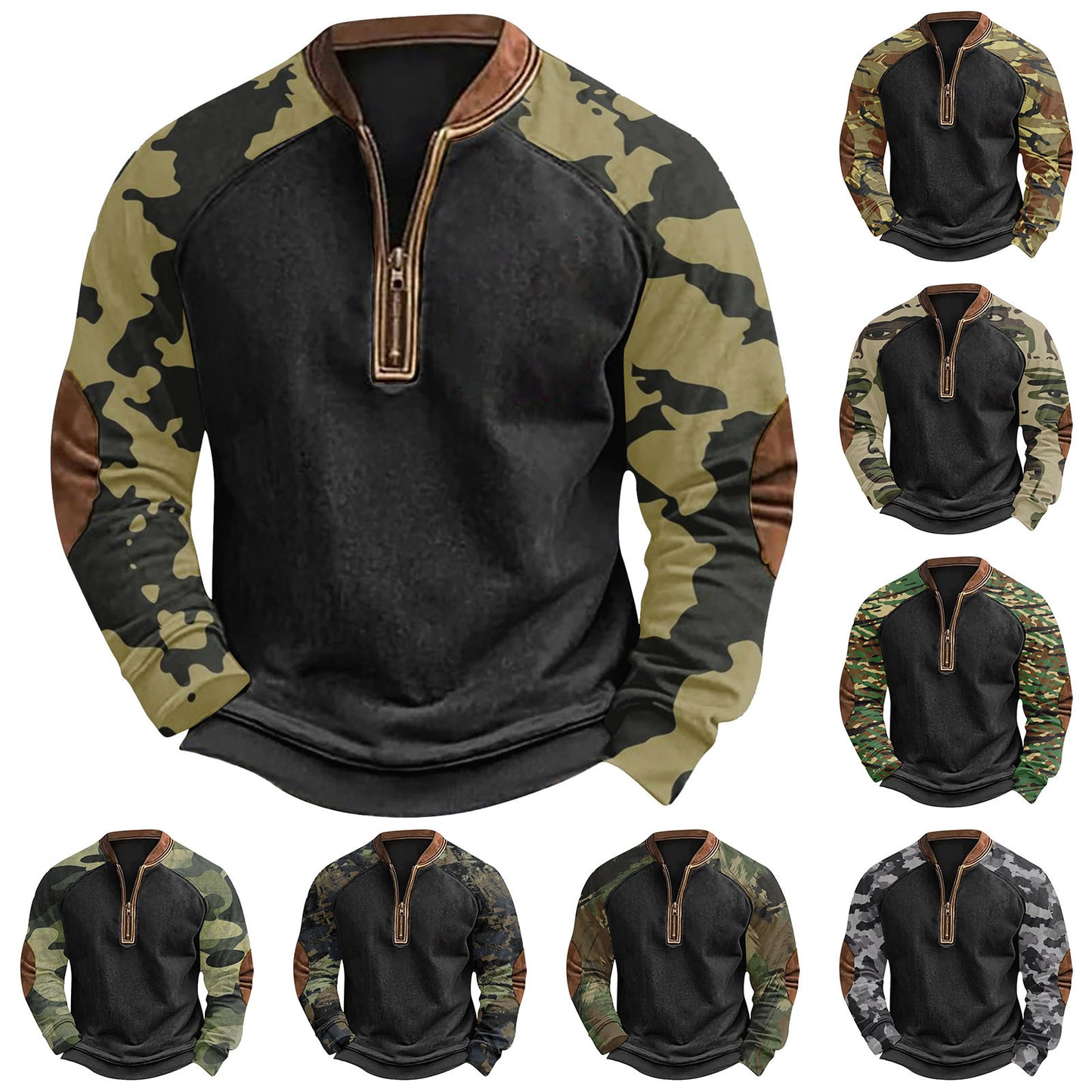 Printed Half Zipper Camouflage Men's Sweater