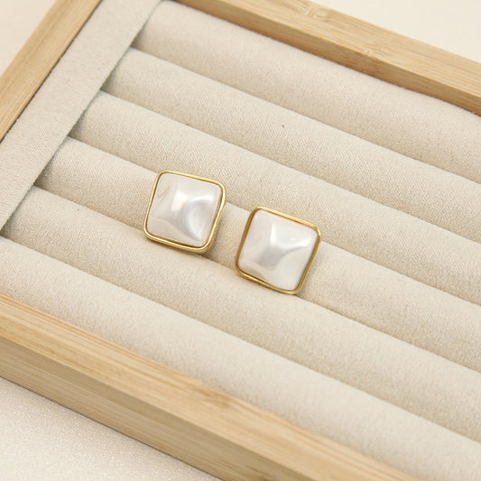 Copper Plated Gold Sterling Silver Needle Simple Beautiful Square Shell Pearl Ear Studs