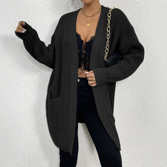 Long Sleeve Pocket Cardigan Coat Fashion Simple Knitwear