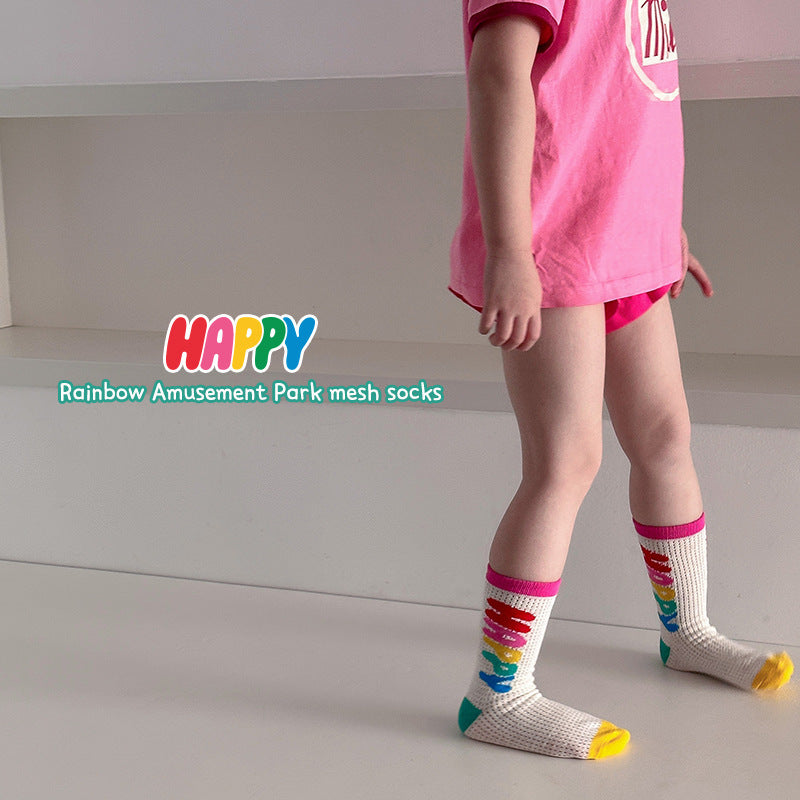 Rainbow Color Mesh Stockings Candy Color Middle Tube Socks For Boys And Girls