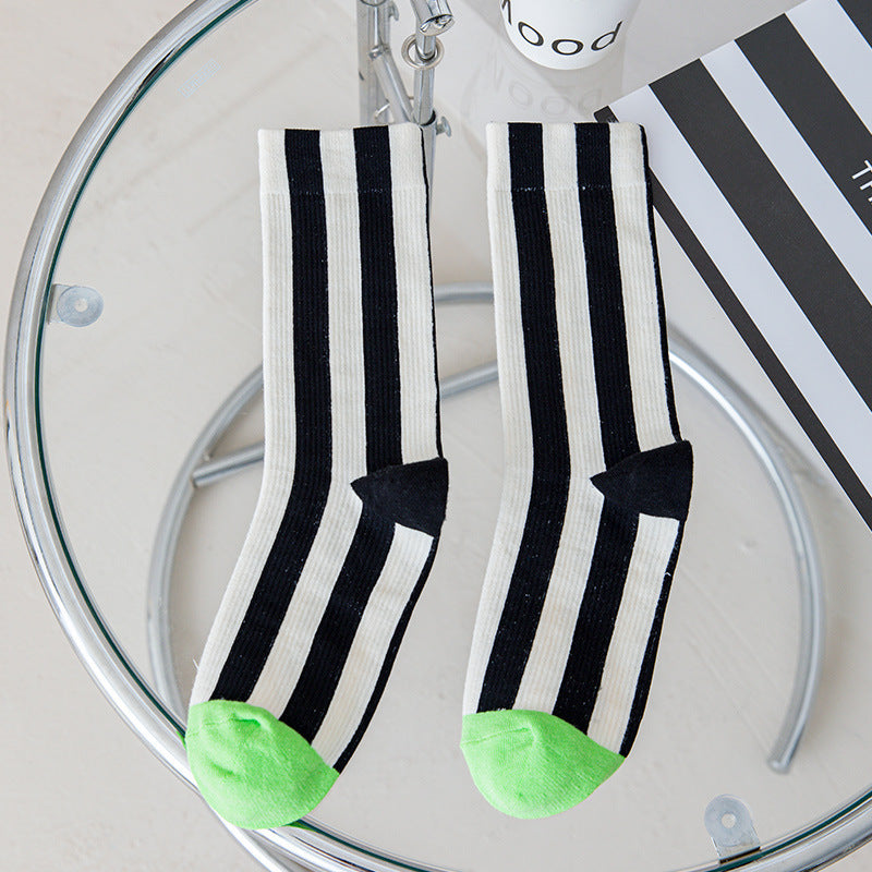 Contrast Color Vertical Stripes Cotton Color-matching Sports Bunching Socks