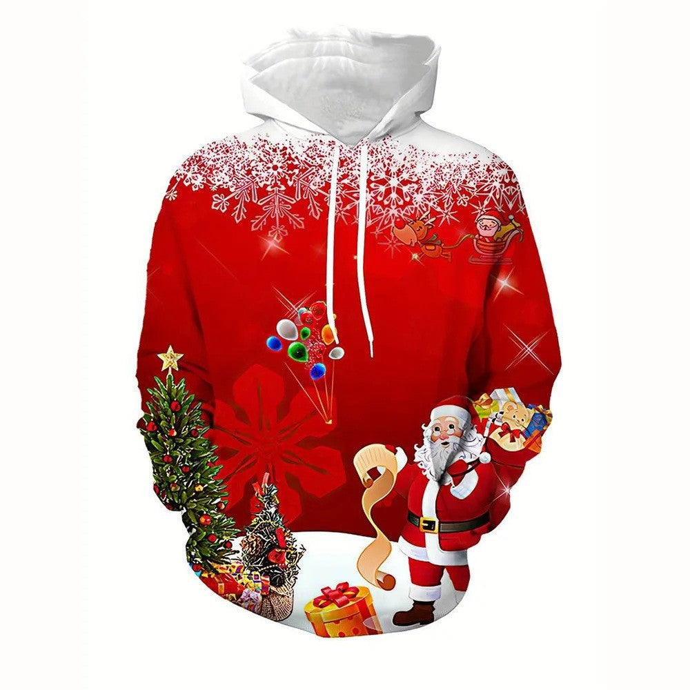 Elk And Santa Claus Printed Hoodie