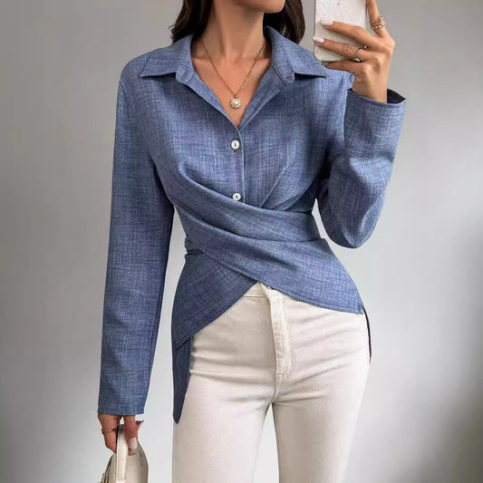 Women's Long-sleeved Cross-tied Pleated Shirt